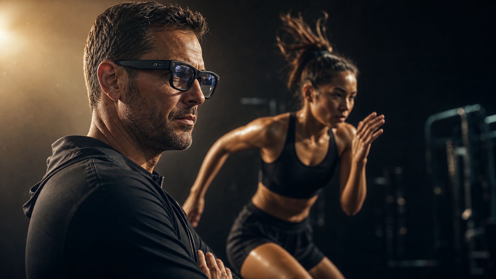 A coach wearing LensSports smart display glasses intently guiding a young athlete through an explosive training rep