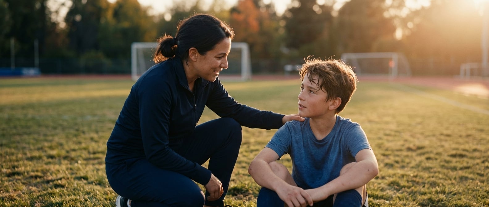 A coach kneeling beside a young athlete, offering encouragement after practice